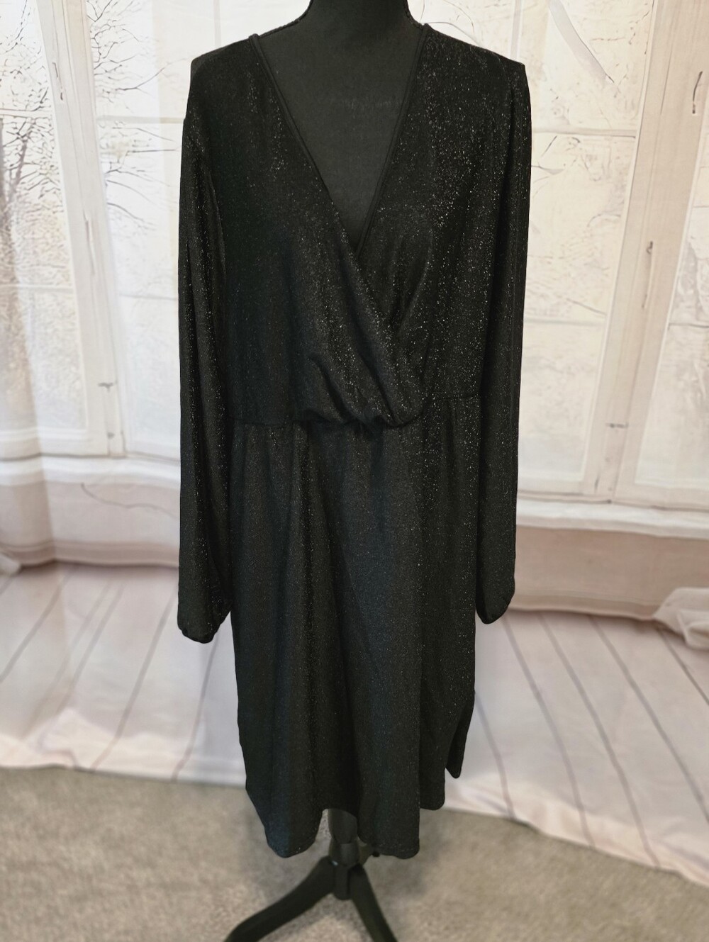 Black Sparkle Long-Sleeve Wrap Dress